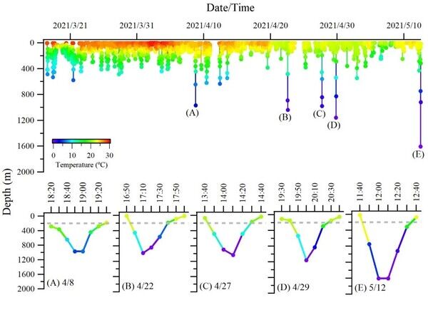 圖二 第一隻鯨鯊3月17日至5月12日棲息水溫、深度及5次深潛超過1,000公尺之紀錄