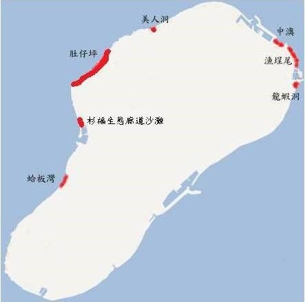 圖一、屏東縣琉球嶼地圖，標記處為綠蠵龜產卵潛在沙灘