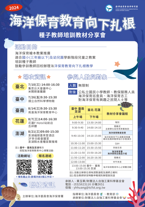 圖5、海保署於113年7、8月份在全臺的北、中、南、東及離島舉辦5場次海洋保育教育向下扎根種子教師培訓教材分享會