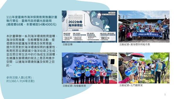 111年臺南市海洋保育教育推廣計畫：舉辦一系列海洋環境教育宣導、海洋保育推廣、生態導覽等活動，提昇民眾對海洋環境保育之意識，共舉辦4場活動，約1360人次參與。